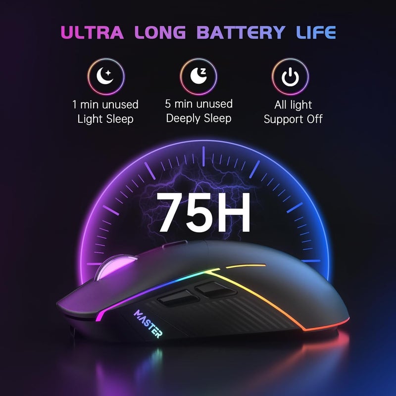 FFJ Wireless Gaming Mouse, 24000 DPI, Tri-Mode 2.4G/USB-C/Bluetooth 5.3 Gaming Mouse Wireless, RGB Programmable Mouse Gamer, 75Hrs Battery Life, Rechargeable Gaming Mice for PC, Mac, PS5, Xbox - Black - Image 5